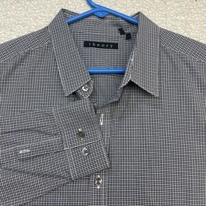 Theory Mens L Button Up Dress Shirt‎ Long Sleeve Plaid Checker Black
